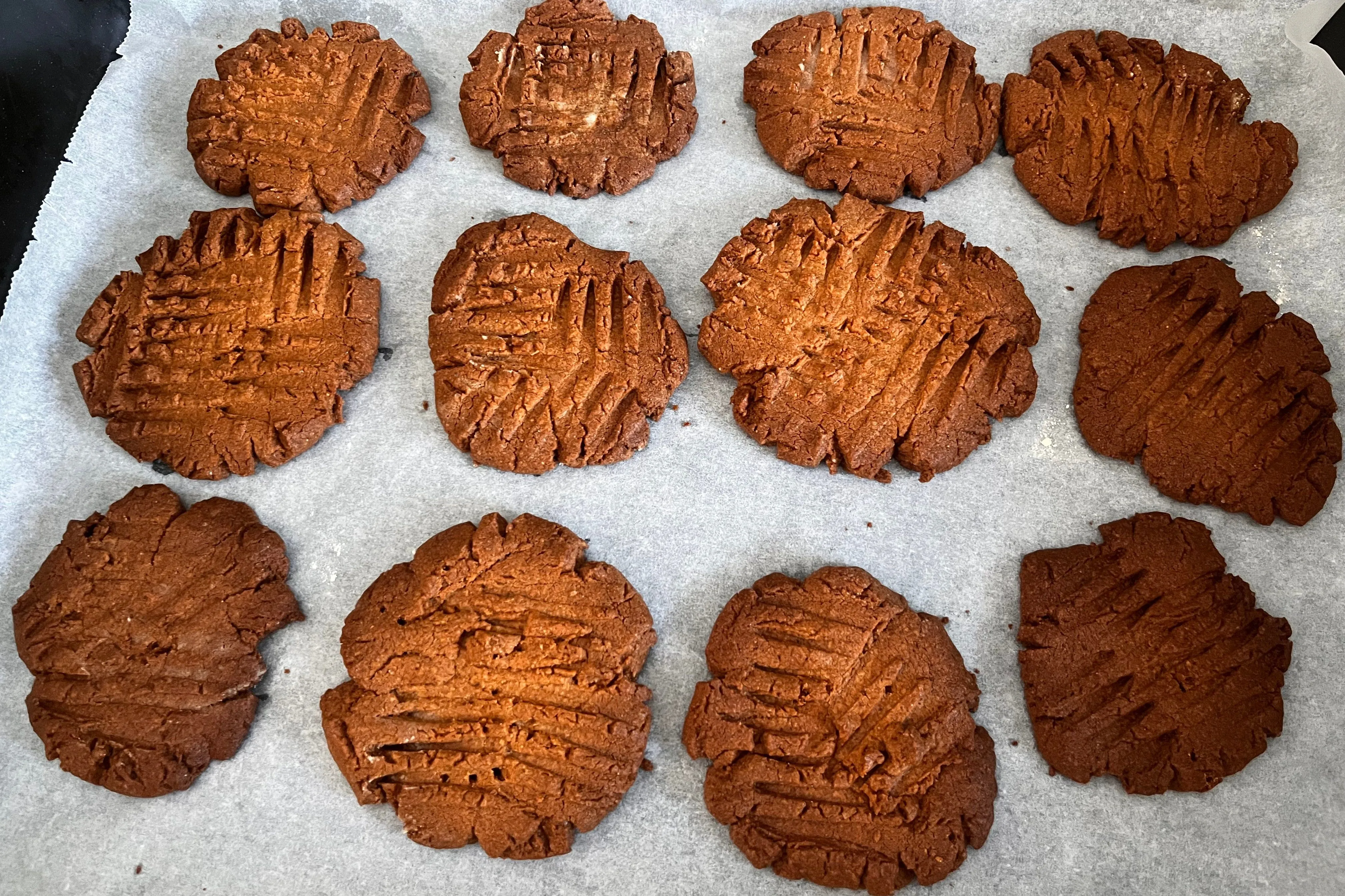 Baked peanut butter cookies with fork crosshatches on a parchment-lined tray