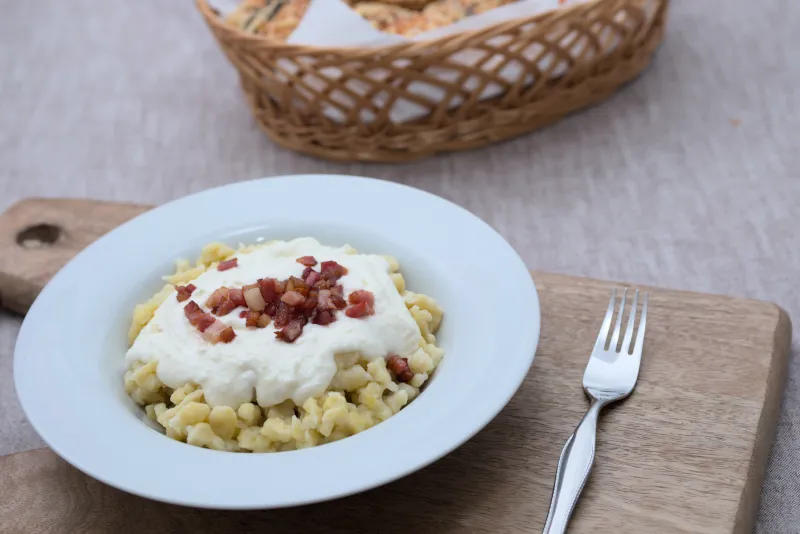 Bryndzové halušky with bryndza and crisp fried bacon