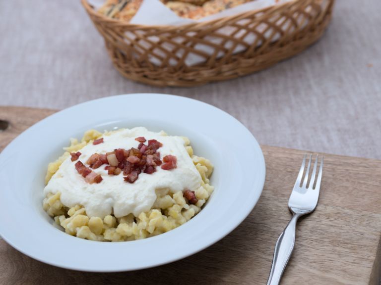 Bryndzové halušky with bryndza and crisp fried bacon